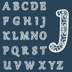 Templates for cutting out letters. Full English alphabet.  May be used for laser cutting. Fancy lace letters. Font isolated blue background. Vector.