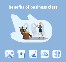Benefits of flights in business class. Respectable businessman sitting in comfortable airplane seat, the stewardess bringing him a drink. Vector illustration in flat style.