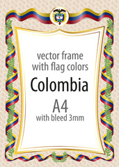 Frame and border  with the coat of arms and ribbon with the colors of the Colombia flag