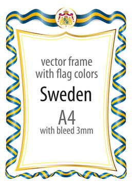 Frame and border  with the coat of arms and ribbon with the colors of the Sweden flag