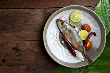dried salted mackerel fish with ingredients. thai food concept