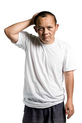 Fototapeta premium Portrait of a man with down syndrome. Isolated on white background with clipping path