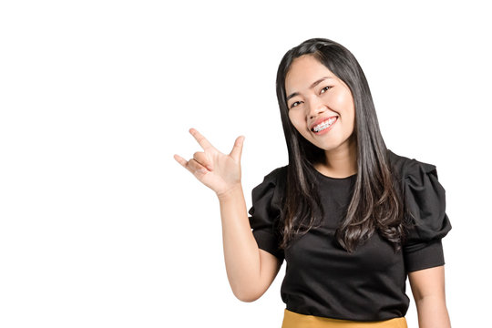 portrait of a beautiful asian businesswoman smiling and showing I love you sign hands. Isolated on white background with copy space and clipping path