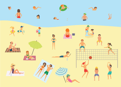People relaxing on the summer beach. Vector illustration