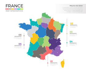 France country map infographic colored vector template with regions and pointer marks