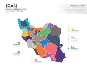 Iran country map infographic colored vector template with regions and pointer marks