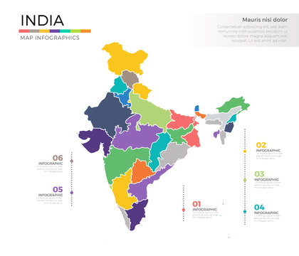 India Country Map Infographic Colored Vector Template With Regions And Pointer Marks