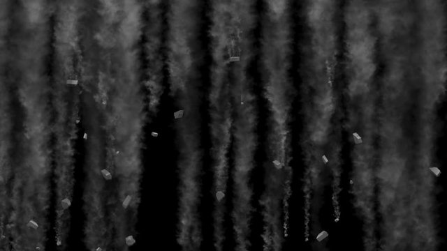 Many small pieces of concrete fly leaving trail of dust, with alpha mask