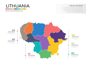 Fototapeta na wymiar Lithuania country map infographic colored vector template with regions and pointer marks