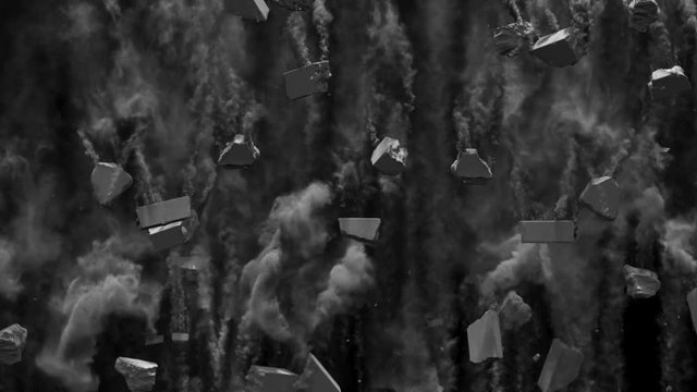 A lot of concrete fragments of various sizes fall down leaving a lot of dust, with alpha mask