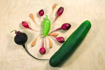 Fresh vegetables on light wood background