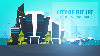 Flat style Modern city houses. Building of future. Architecture of the future.