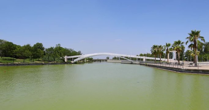 landmark with big pond or river in urban public Park Juan Carlos of Madrid city (Spain, Europe). Green water, white bridge, palms and blue sky
