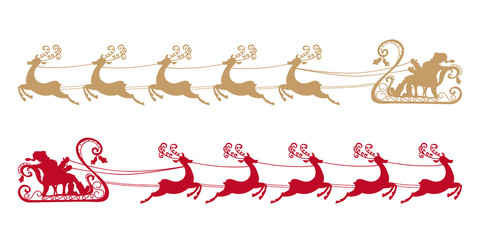 Santa Claus rides in a sleigh in harness