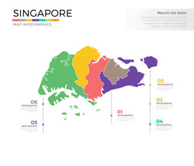 Singapore country map infographic colored vector template with regions and pointer marks