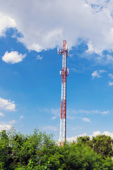 Closeup the radio antenna over blue sky background, concepts of technology and communications.