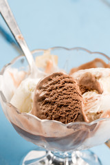 Vanilla and chocolate ice cream in the crystal bowl on the wooden planks table