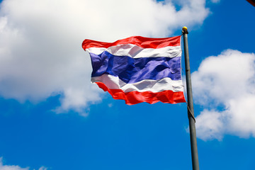 Image of waving Thai flag of Thailand with blue sky background
