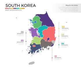 South Korea country map infographic colored vector template with regions and pointer marks