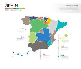 Spain country map infographic colored vector template with regions and pointer marks