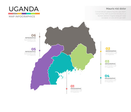 Uganda country map infographic colored vector template with regions and pointer marks