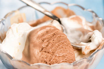 Vanilla and chocolate ice cream in the crystal bowl on the wooden planks