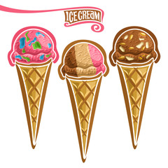 Vector set of Ice Cream in Waffle Cone: 3 wafer cones vibrant pink colors bubble gum ice cream, cold italian neapolitan gelato dessert, chocolate almond ice cream ball in waffle, rocky road with nuts.