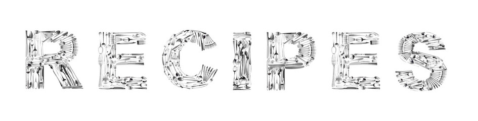 Word RECIPES made of cutlery on white background. Creative design