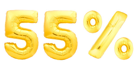 Golden fifty five 55 percent made of inflatable balloons isolated on white background. One of full percentage set