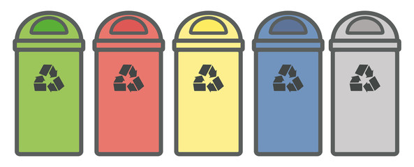 Set garbage icon. Waste, five colorful recycle bin icon. Flat design, linear styles. Wastebasket. Container bin management and recycle concept with mixed waste. Isolated vector illustrations AI10
