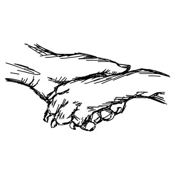 close up hand of man and dog shaking, vector illustration sketch hand drawn with black lines, isolated on white background