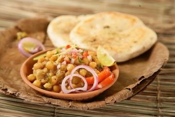 Matar kulcha or Dried yellow peas chaat with pan cooked bread