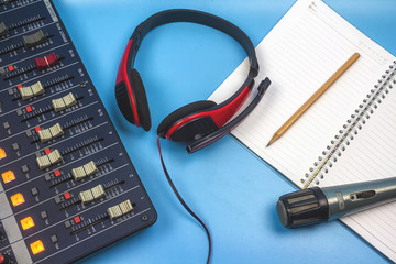 Audio Equipment Equipment for Recording on Blue Backdrop