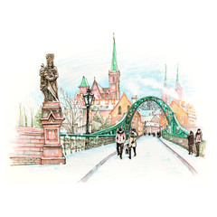 Naklejka premium Cathedral Island or Ostrow Tumski with bridge, Cathedral of St. John and church of the Holy Cross and St. Bartholomew in Wroclaw, Poland. Hand drawn picture made markers and liner