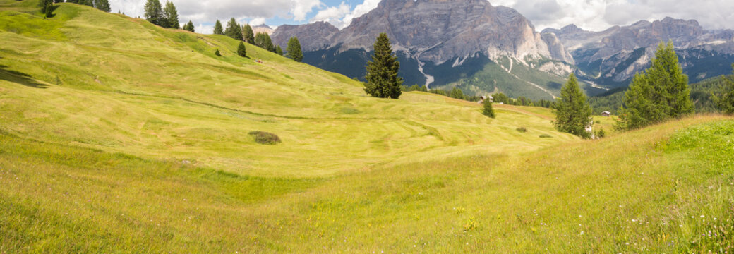 Meadows at high altitudes forming gentle hills. Dolomites, Alta Badia, Sud Tirol, Italy