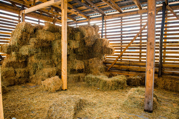 Dry hay stacks in rural wooden barn interior