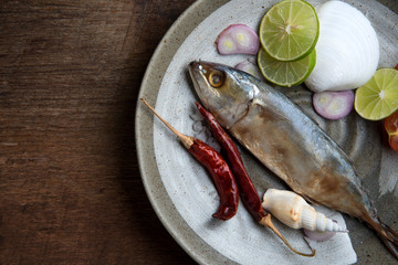 dried salted mackerel fish with ingredients. thai food concept