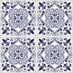 Portuguese tiles pattern - Azulejo navy blue design, seamless vector blue background, vintage mosaics set