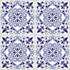 Portuguese tiles pattern - Azulejo navy blue design, seamless vector blue background, vintage mosaics set