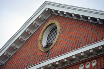 Old abandoned boarded up brick building