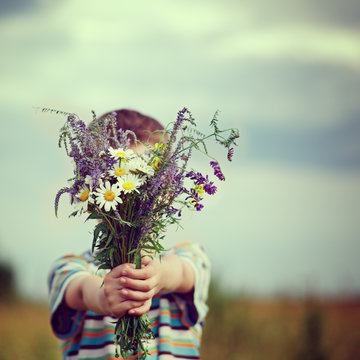 Little Kid Boy Holding Bouquet Of Fields Flowers. Child Giving Flowers.