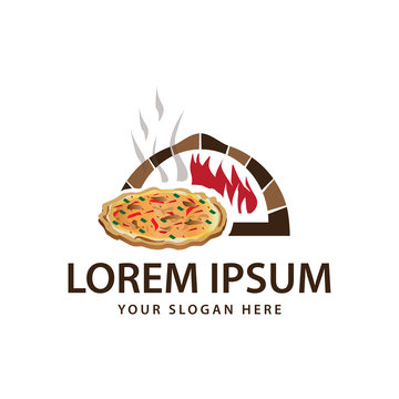 full pizza come out from oven with flames, logo design, isolated on white background.