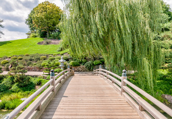 Fototapeta na wymiar Bridge to Japanese Garden area in Chicago Botanic Garden, USA