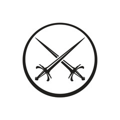 two crossed swords within an outlines of circle, icon design, isolated on white background.