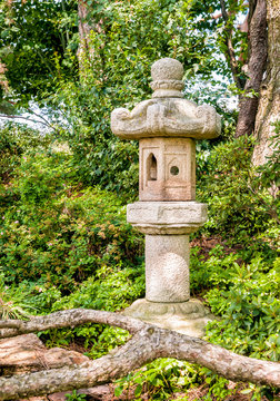 Japanese style stone lantern in the Japanese Garden at Chicago Botanic Garden, Illinois, USA