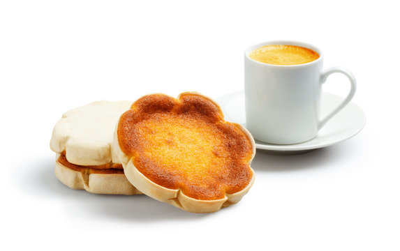 Queijadas or Queijadinhas, Portuguese Cheese Cakes, with an Espresso on White Background
