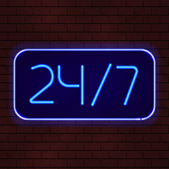 Fototapeta premium Working all day and night glowing board. Neon sign vector illustration