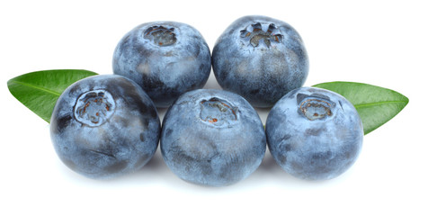 blueberries with green leaf isolated on white background. macro