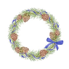 Christmas wreath with pine cones, pine branches and ribbons, bow. Watercolor painting. Hand drawing. Decorative element for greeting new year and Christmas card, Invitation card.