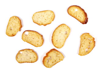 Cheese rusks with wholewheat flour, bread isolated on white background, top view